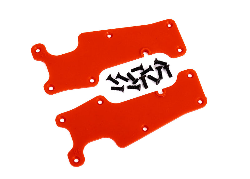 Red Traxxas front suspension arm covers, set of 2, designed for RC truck suspension protection and customization.
