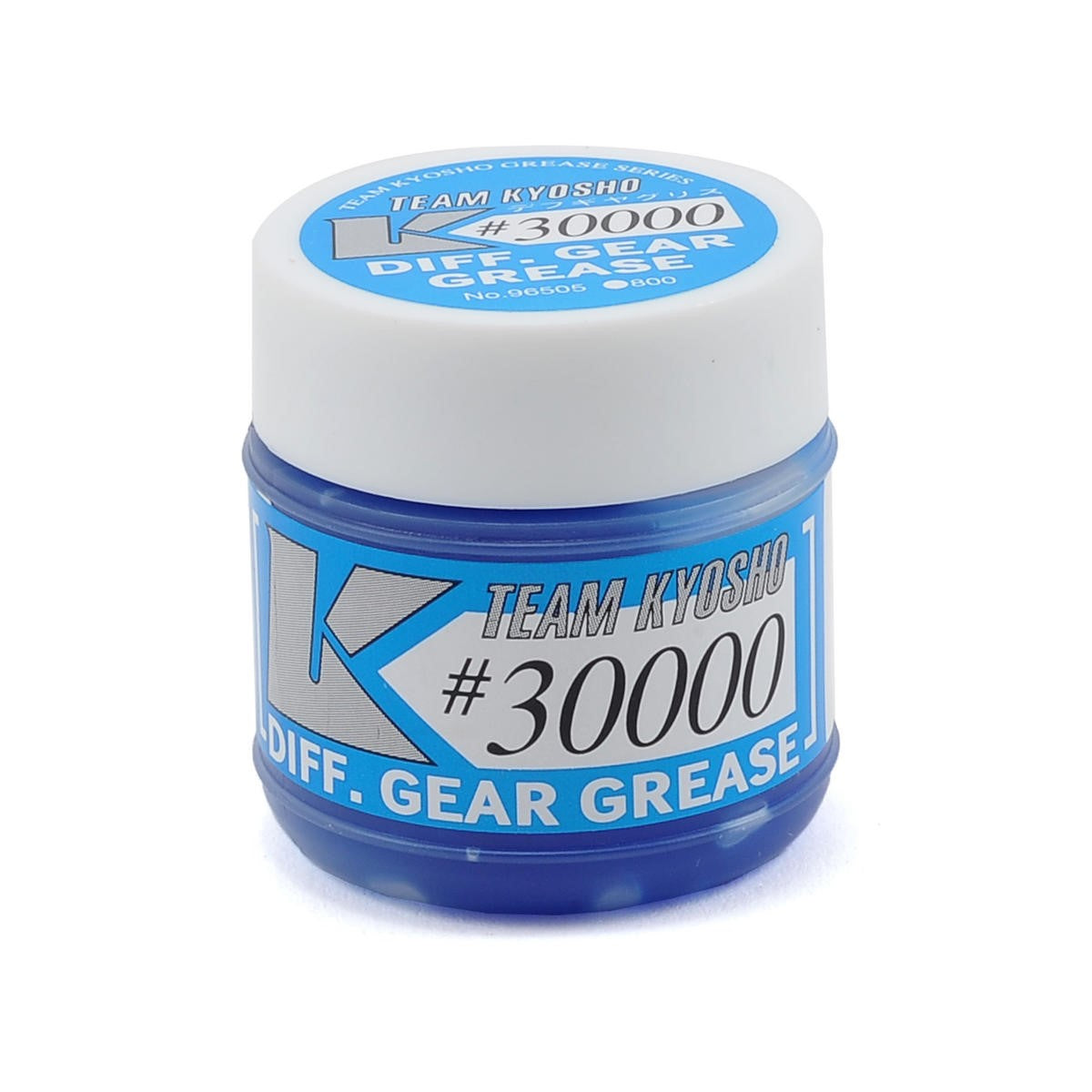 Kyosho RC car diff gear grease container, 30000 #96505, with label showing product details and branding for RC car maintenance.