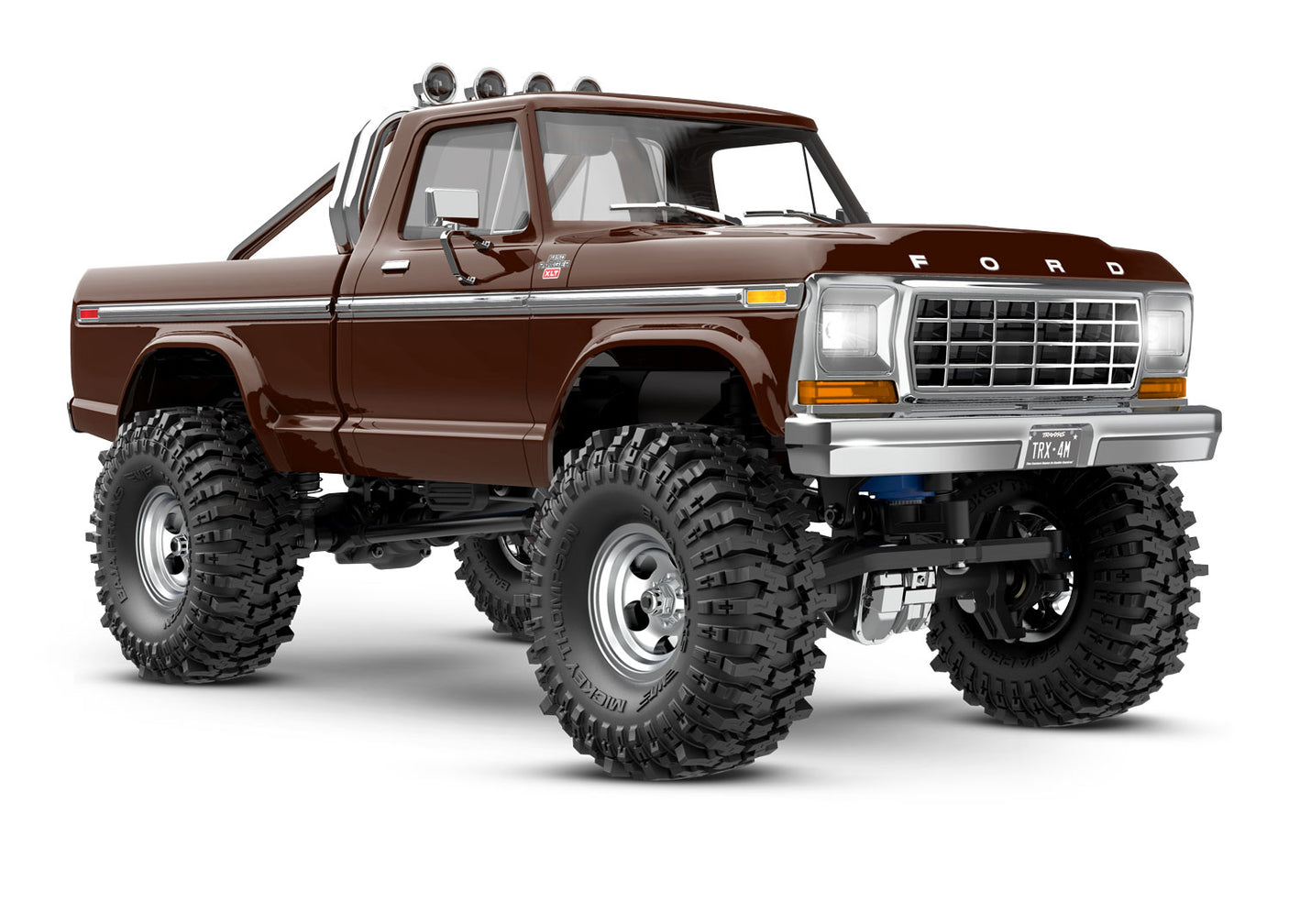 Traxxas TRX-4M Ford F-150 High Trail Edition remote control truck, 1/18 scale, brown front quarter view with detailed exterior.