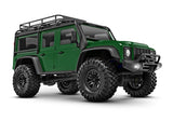 Traxxas TRX-4M Land Rover Defender RC model vehicle shown from a 3/4 front view in green color.
