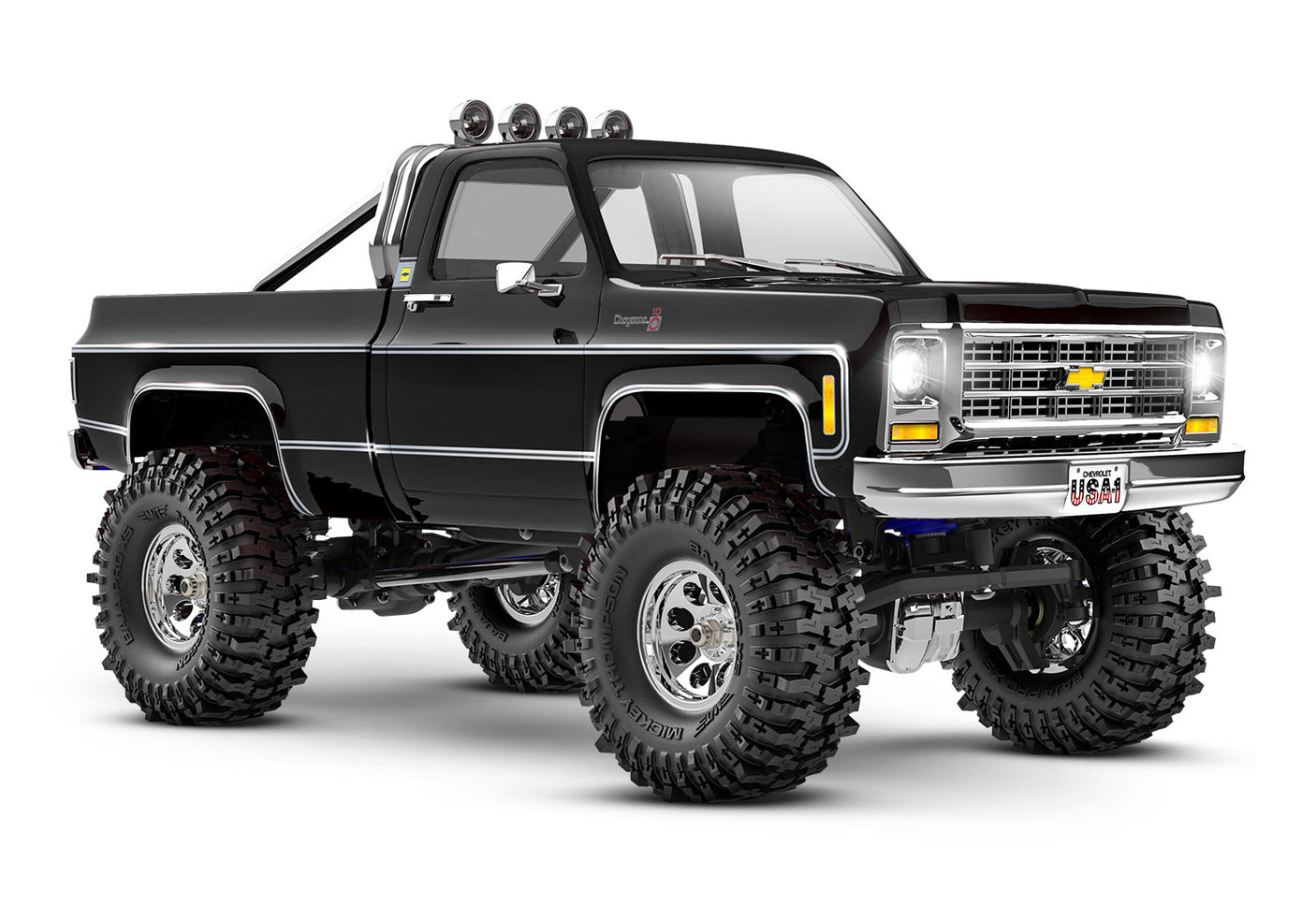 Traxxas TRX-4M Chevrolet K10 High Trail Edition RC truck, 1/18 scale, front three-quarter view in black.