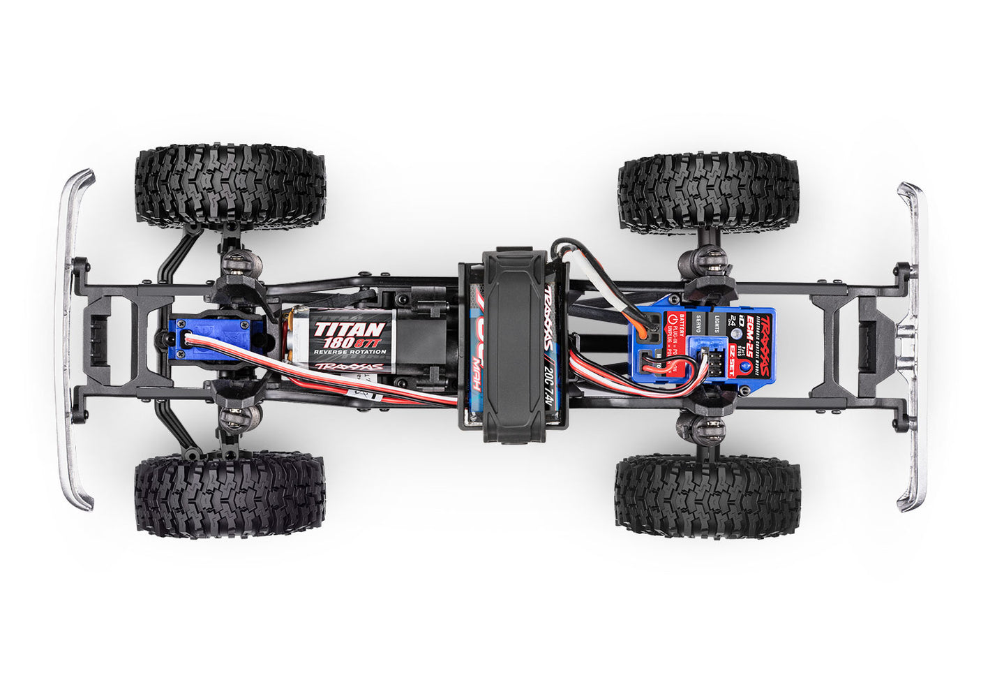 Overhead view of Traxxas TRX-4M 1/18 Ford F-150 High Trail Edition RC truck chassis showing detailed truck frame and components