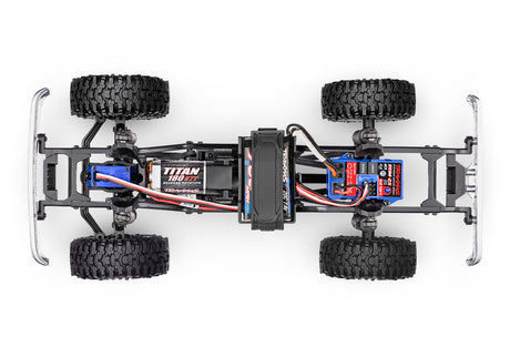 Overhead view of Traxxas TRX-4M 1/18 Ford F-150 High Trail Edition RC truck chassis showing detailed truck frame and components