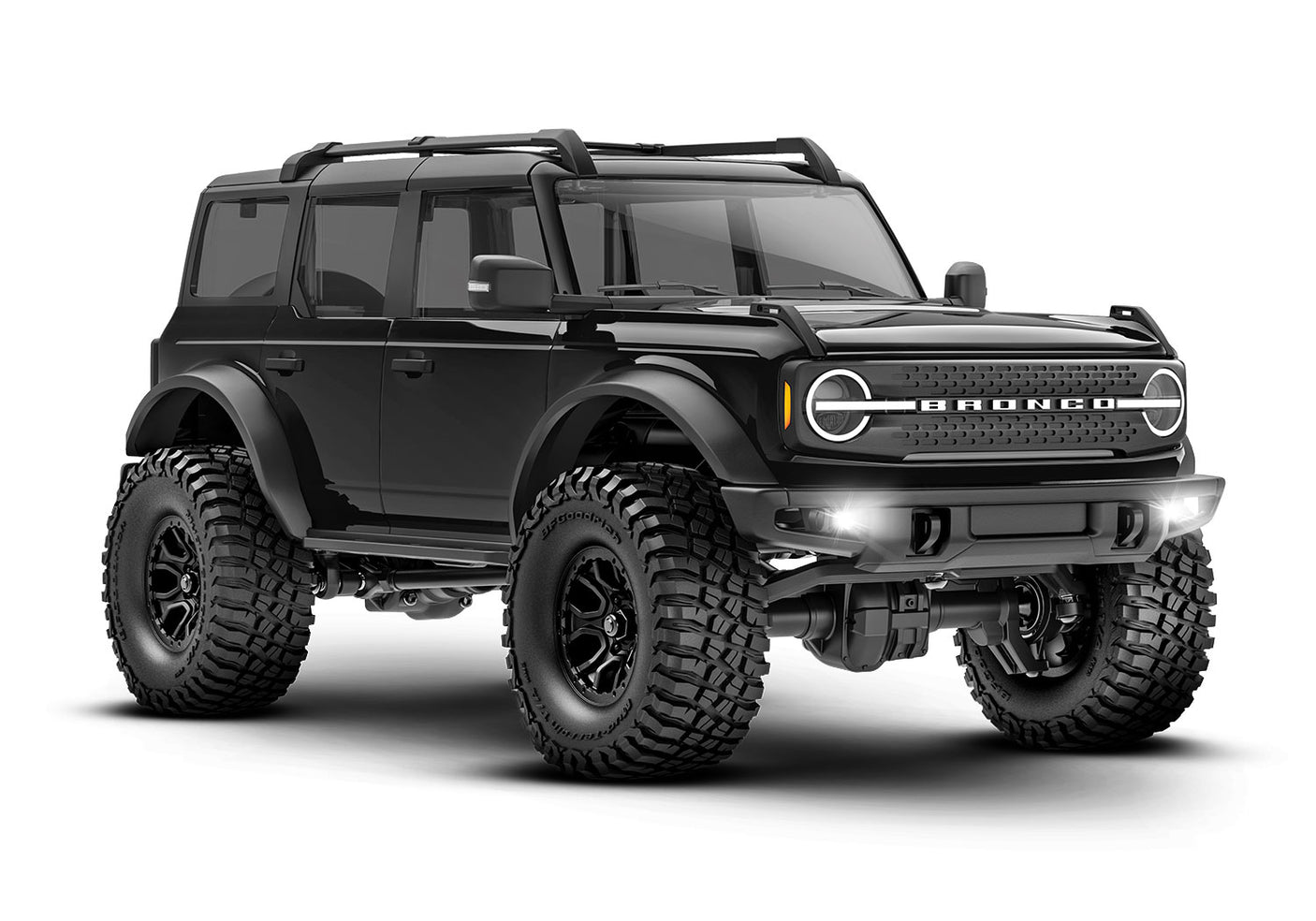 Traxxas TRX-4M Ford Bronco remote control toy vehicle, front three-quarter view with black body and detailed exterior.
