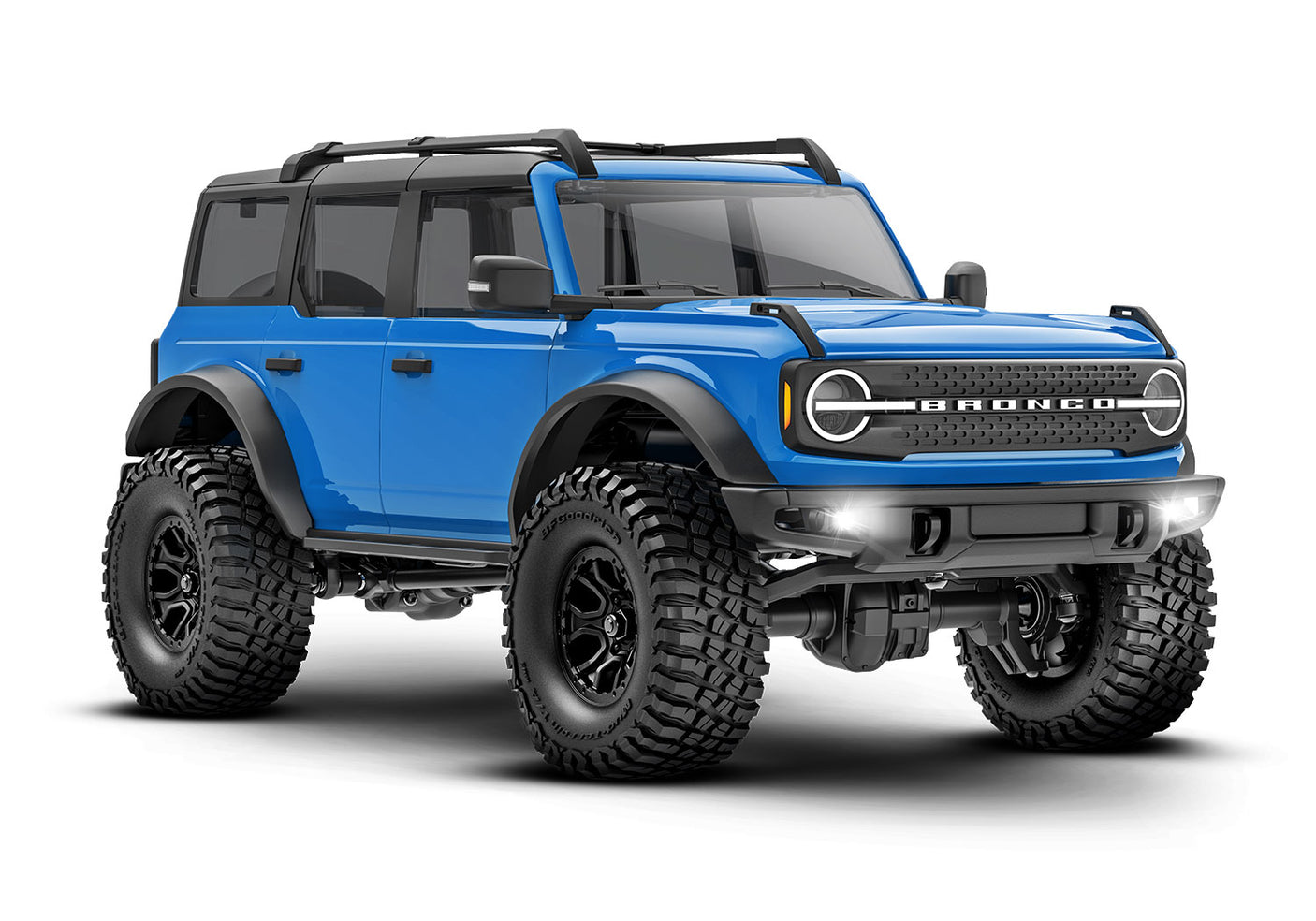 Blue Traxxas TRX-4M Ford Bronco remote control vehicle shown from a 3/4 front angle, showcasing detailed exterior and rugged design.