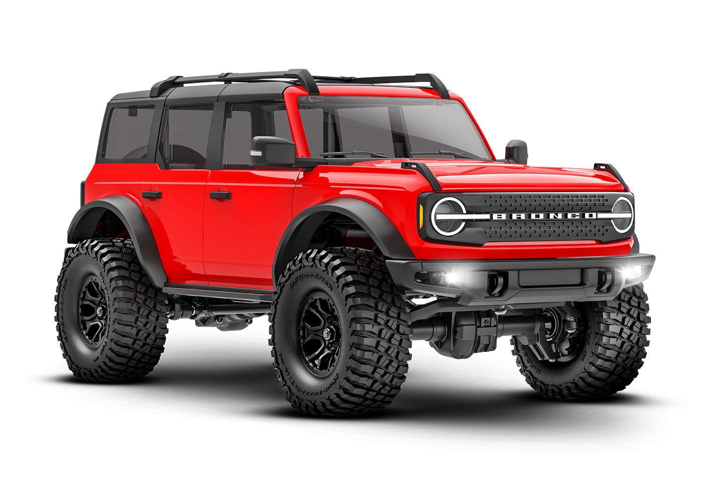 Red Traxxas TRX-4M Ford Bronco radio-controlled vehicle shown from a three-quarter front angle.