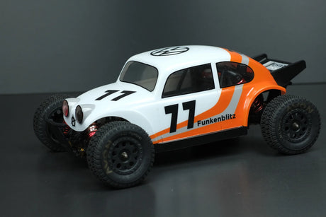 RC body by Phat Bodies for 1:14 and 1:12 chassis, Funkenblitz design, featuring detailed graphics and aerodynamic shape.