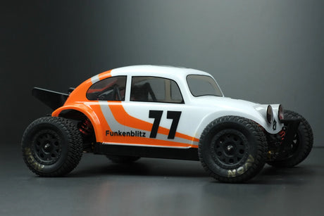 RC body by Phat Bodies, Funkenblitz design for 1:14 and 1:12 chassis, shows sleek, colorful graphics on a clear background.