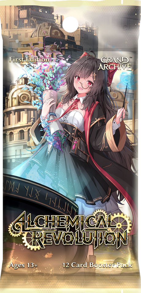 Weebs of the Shore Grand Archive TCG Alchemical Revolution booster pack featuring colorful card artwork and fantasy-themed design.