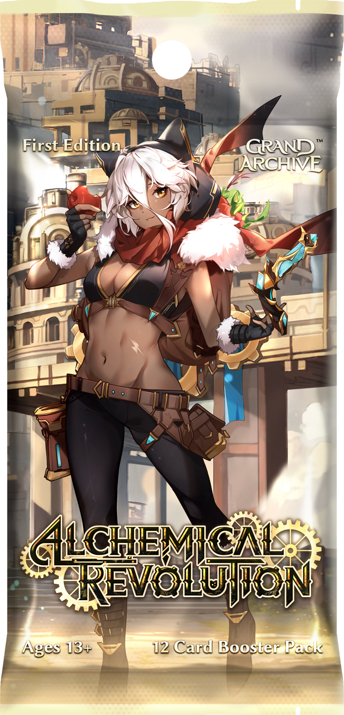 Weebs of the Shore Grand Archive TCG Alchemical Revolution booster pack featuring colorful fantasy-themed card artwork.