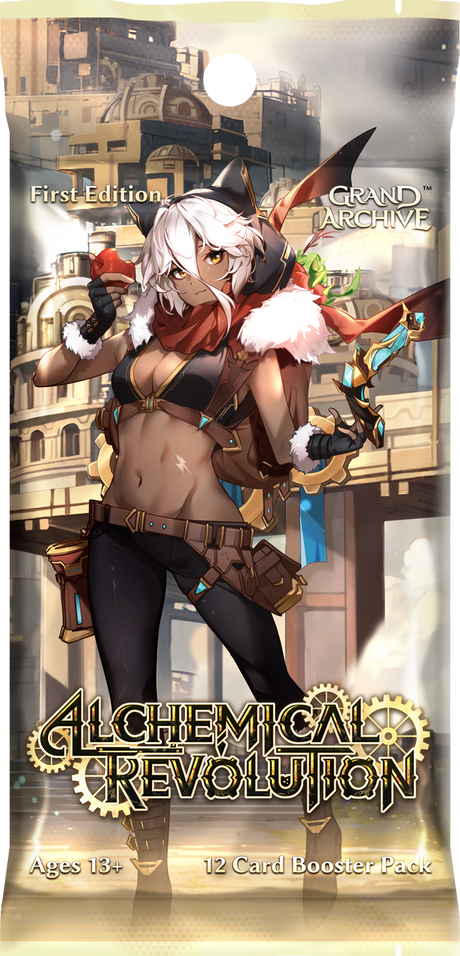 Weebs of the Shore Grand Archive TCG Alchemical Revolution booster pack featuring colorful fantasy-themed card artwork.