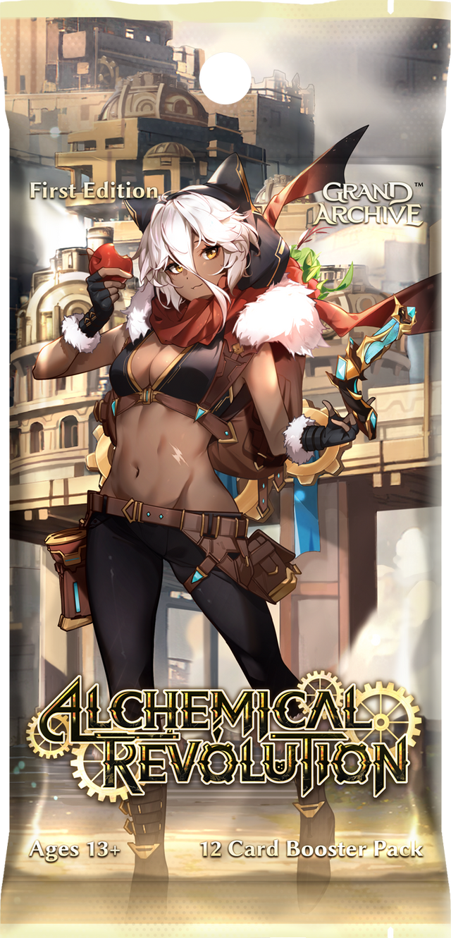 Weebs of the Shore Grand Archive TCG Alchemical Revolution booster pack featuring colorful fantasy-themed card artwork.