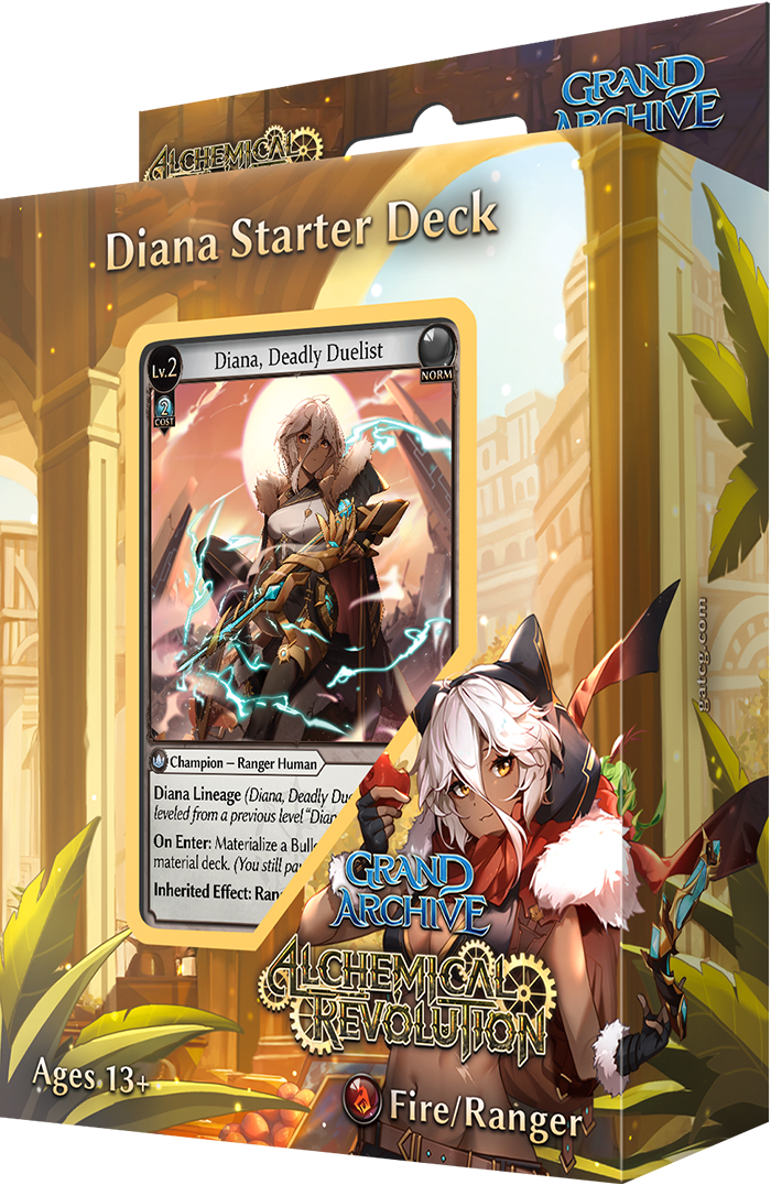 Weebs of the Shore Grand Archive TCG Alchemical Revolution Starter Deck featuring colorful cards with fantasy artwork.