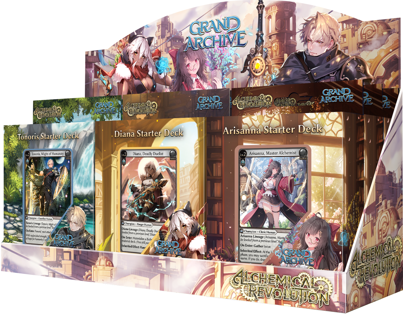Weebs of the Shore Grand Archive TCG Alchemical Revolution Starter Deck display with colorful card illustrations and packaging.