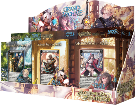 Weebs of the Shore Grand Archive TCG Alchemical Revolution Starter Deck display with colorful card illustrations and packaging.