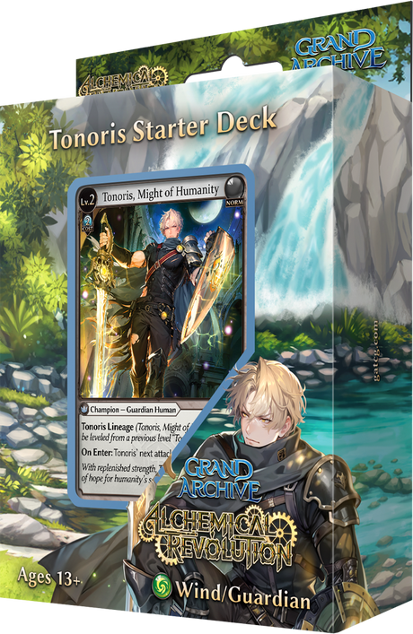 Weebs of the Shore Grand Archive TCG Alchemical Revolution Starter Deck with colorful cards spread out on a tabletop.