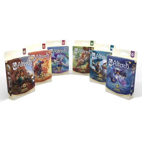 Altered: Beyond the Gates Starter Deck by Equinox, featuring colorful cards with fantasy artwork and game components laid out on a table.