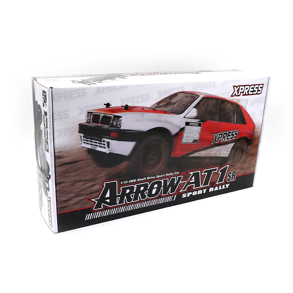 Box for Xpress Arrow AT1SR 1/10 scale 4WD shaft drive sport rally car with detailed graphics and branding.