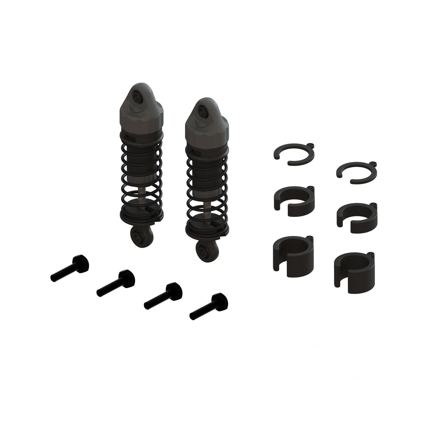ARRMA 58mm oil-filled shock set for Typhon GROM, shown with two shocks featuring black springs and metal bodies.