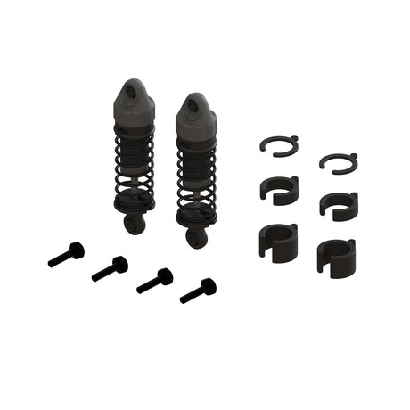 ARRMA 58mm oil-filled shock set for Typhon GROM, shown with two shocks featuring black springs and metal bodies.