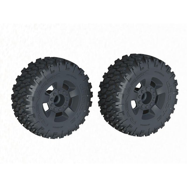 ARRMA dBoots Ragnarok MT tire set with two glued off-road tires featuring chunky tread for rugged terrain.
