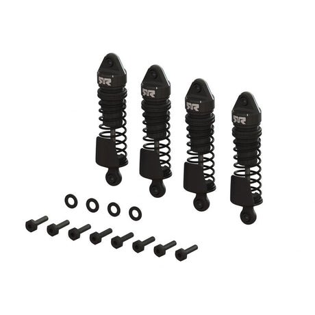 ARRMA GROM aluminum shock set with four durable metal shocks for RC cars, featuring a sleek silver finish and precise construction.