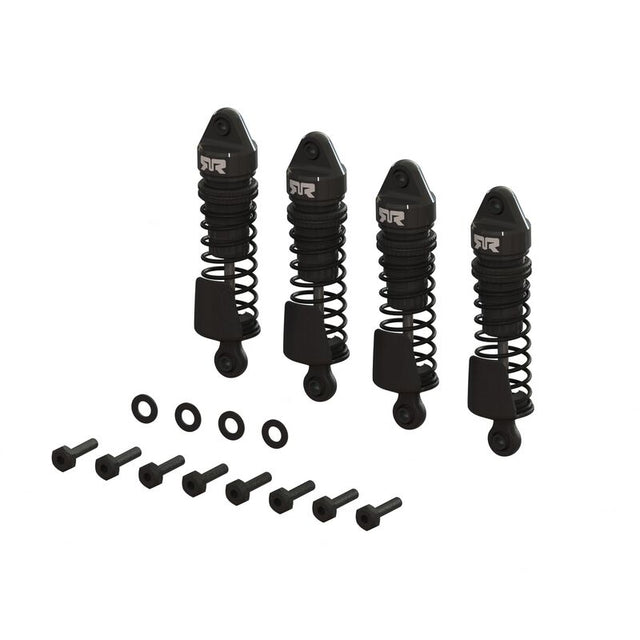 ARRMA GROM aluminum shock set with four durable metal shocks for RC cars, featuring a sleek silver finish and precise construction.