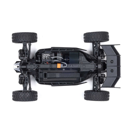 ARRMA 1/14 Typhon GROM 4x4 RTR brushed buggy in orange with black accents, showing its rugged design and off-road tires.