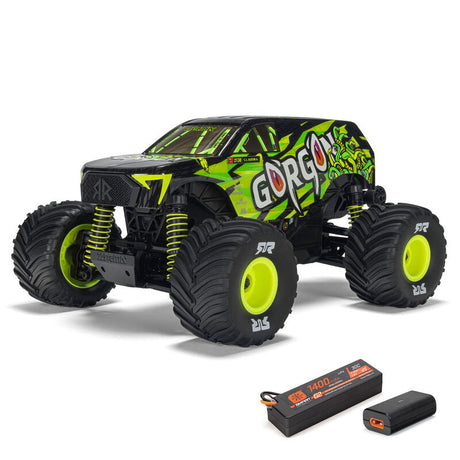 ARRMA 1/16 Gorgon Grom 4x4 RTR brushed monster truck with rugged tires and detailed body in action.