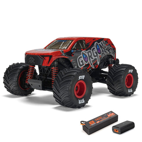 ARRMA 1/16 Gorgon Grom 4x4 RTR brushed monster truck with rugged tires and detailed exterior, ready for off-road adventures.