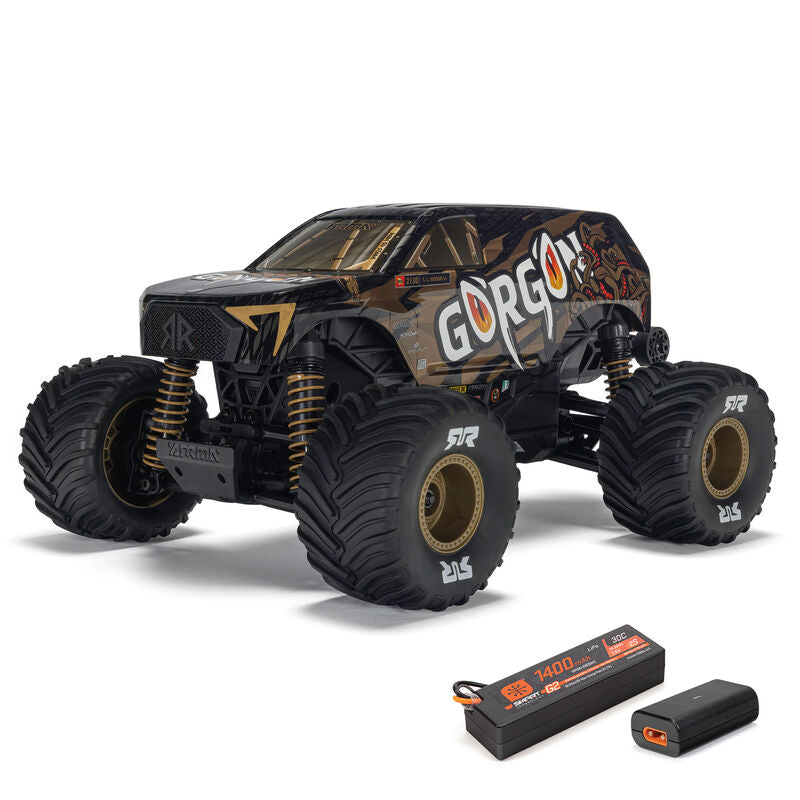 ARRMA 1/16 Gorgon Grom 4x4 RTR brushed monster truck shown on rugged terrain with detailed body and large tires.