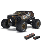 ARRMA 1/16 Gorgon Grom 4x4 RTR brushed monster truck shown on rugged terrain with detailed body and large tires.