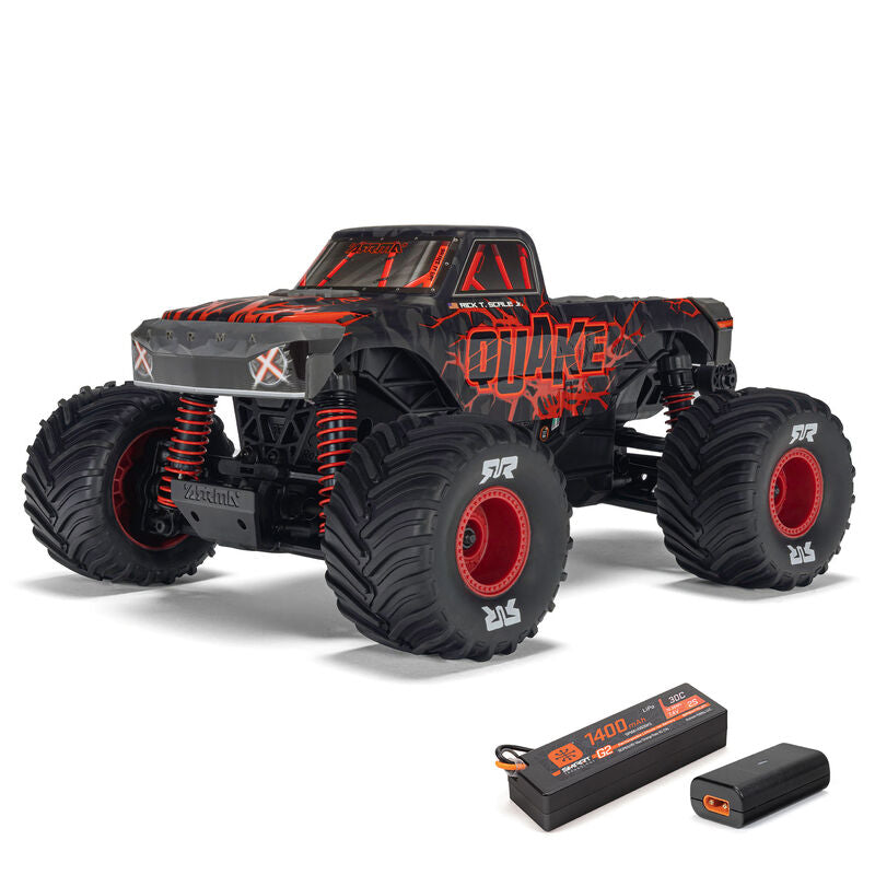 ARRMA 1/16 QUAKE GROM 4x4 RTR brushed monster truck shown in action on rugged terrain