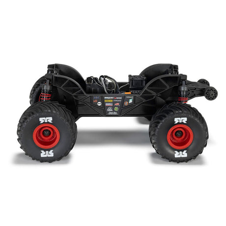 ARRMA 1/16 Quake Grom 4x4 RTR brushed monster truck in black with rugged tires and detailed design.