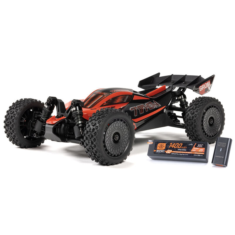 Arrma 1/14 Typhon GROM 223S DSC 4x4 RTR brushless buggy with detailed body and off-road tires on rugged terrain