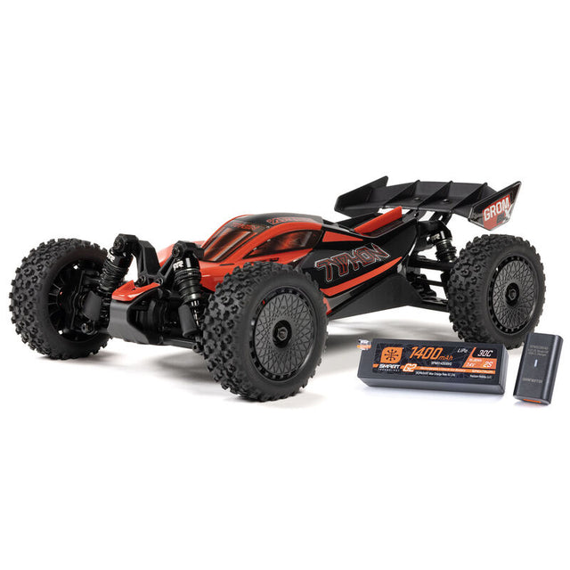 Arrma 1/14 Typhon GROM 223S DSC 4x4 RTR brushless buggy with detailed body and off-road tires on rugged terrain