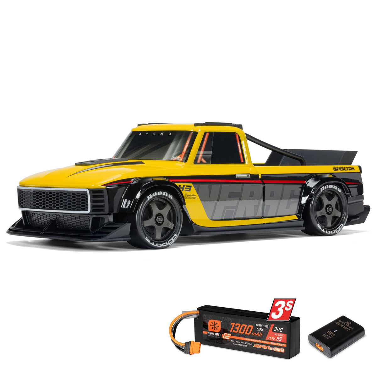 ARRMA 1/12 Infraction GROM 3S BLX 4x4 street truck with brushless motor, shown with battery and charger included.