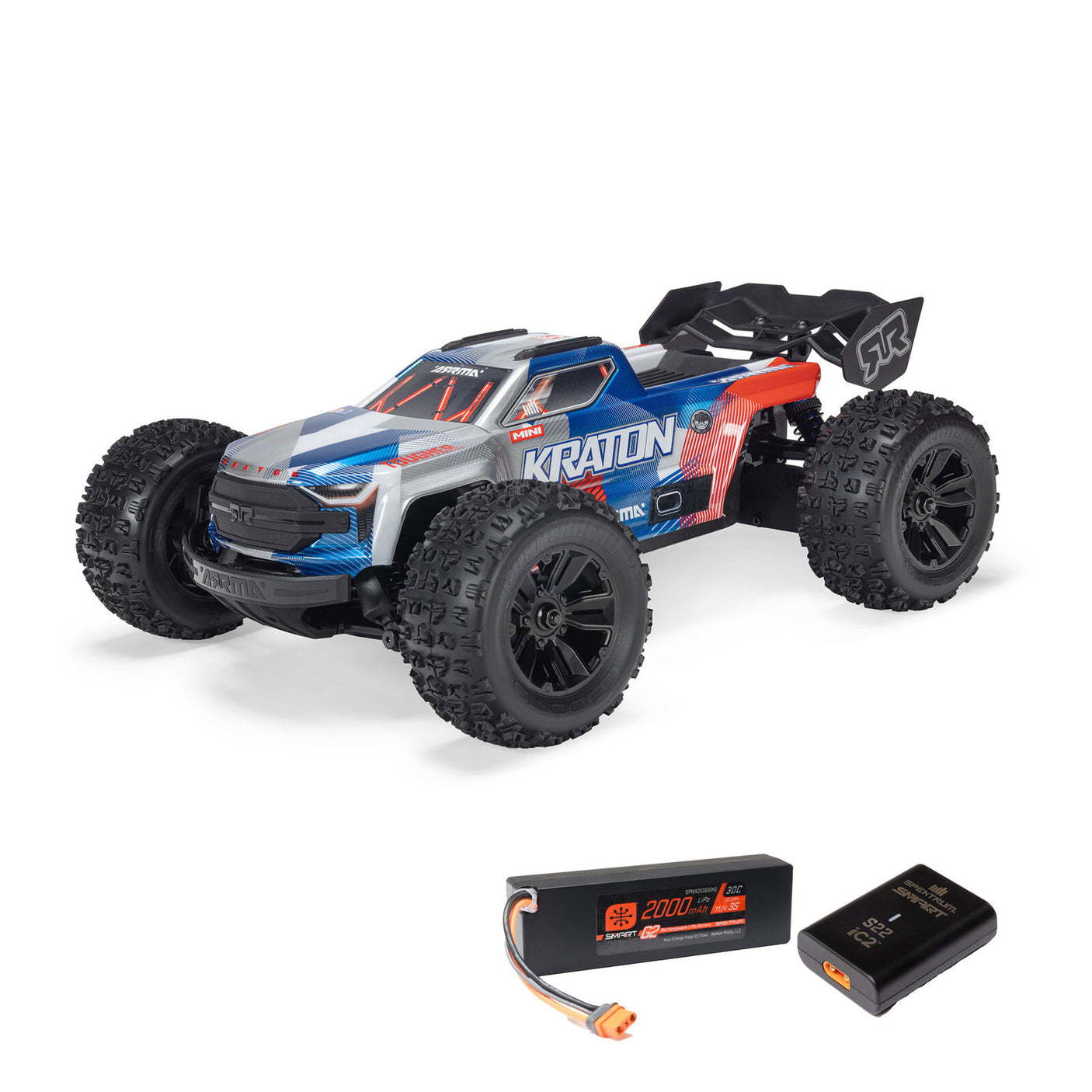 ARRMA 1/16 Mini Kraton 3S RC car with charger and battery, detailed close-up showing the vehicle's design and components