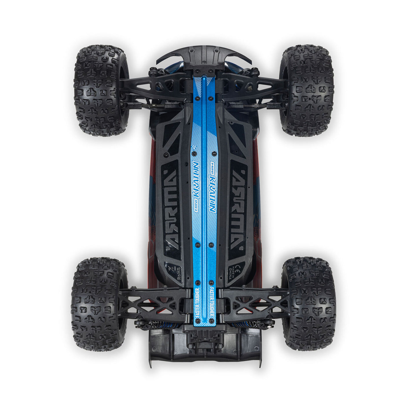 ARRMA 1/16 Mini Kraton 3S RC car with charger and battery, shown in action on rough terrain.