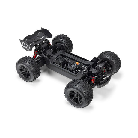 ARRMA 1/16 Mini Kraton 3S RC car in orange with detailed body and off-road tires, showcasing its compact, rugged design.