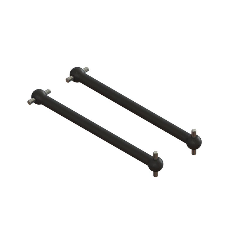 Pair of ARRMA 50mm dogbones for RC cars, showing metal drive shafts with detailed joints and black rubber boots.