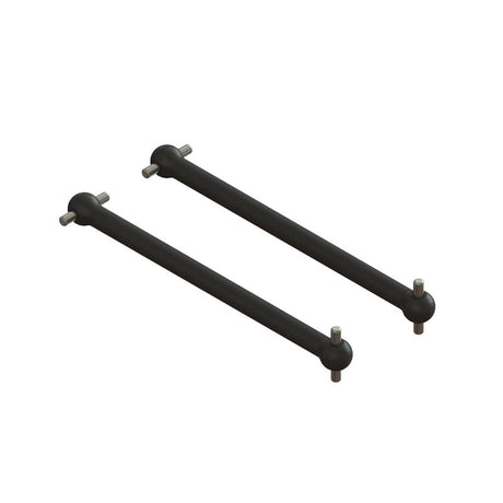 Pair of ARRMA 50mm dogbones for RC cars, showing metal drive shafts with detailed joints and black rubber boots.