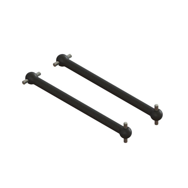 Pair of ARRMA 50mm dogbones for RC cars, showing metal drive shafts with detailed joints and black rubber boots.