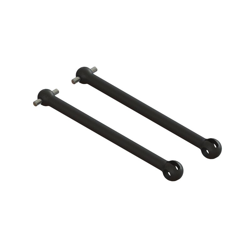 Pair of ARRMA CVD driveshafts, 50mm length, featuring durable metal construction for RC car performance, shown on a white background.