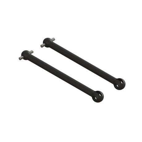 Pair of ARRMA CVD driveshafts, 50mm length, featuring durable metal construction for RC car performance, shown on a white background.