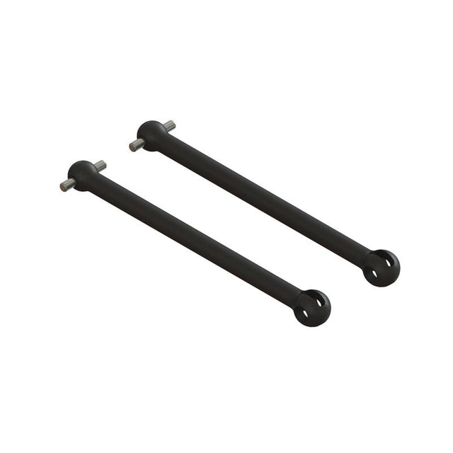 Pair of ARRMA CVD driveshafts, 50mm length, featuring durable metal construction for RC car performance, shown on a white background.