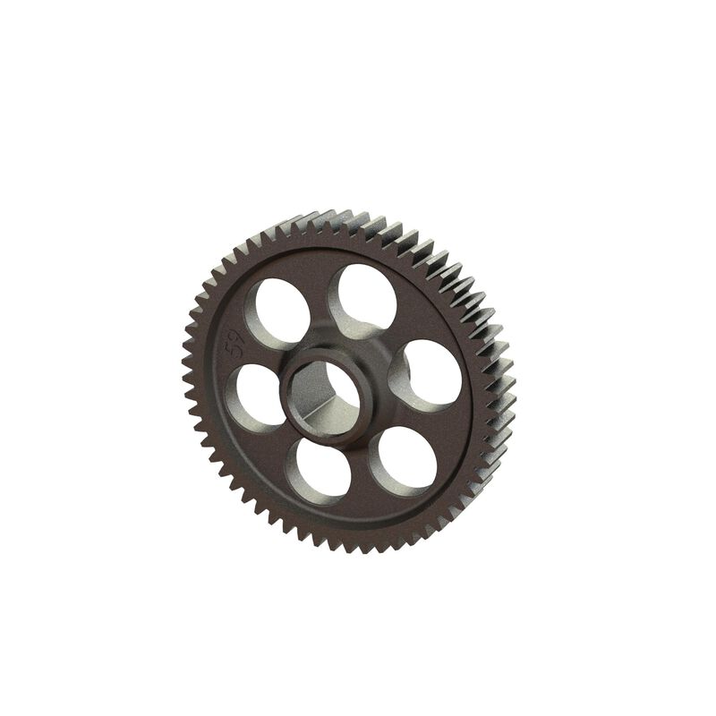 ARRMA 0.5Mod metal spur gear 59T with gear teeth and black finish, designed for RC car performance and durability.