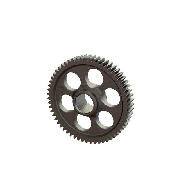 ARRMA 0.5Mod metal spur gear 59T with gear teeth and black finish, designed for RC car performance and durability.