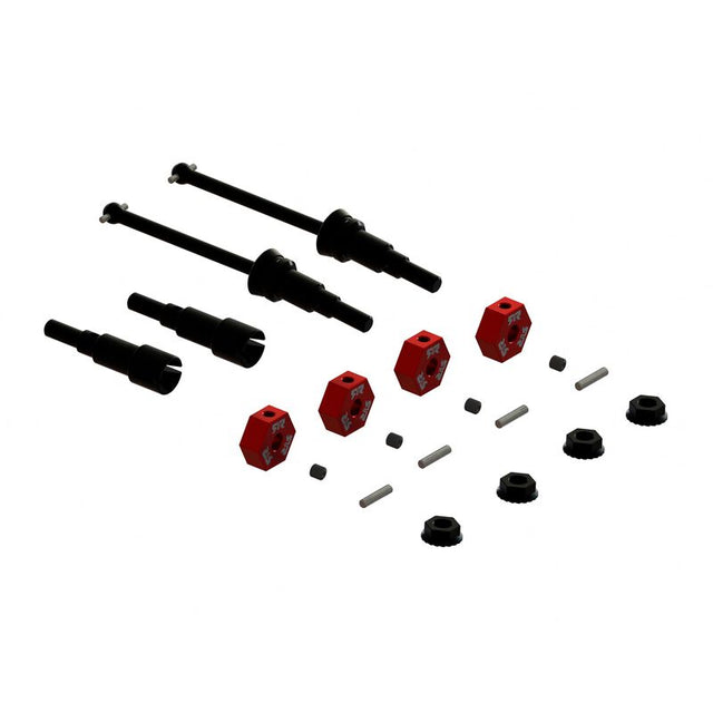 ARRMA GROM metal axle and wheel hex set, durable automotive parts for RC cars, showing the metal axles and hex components.