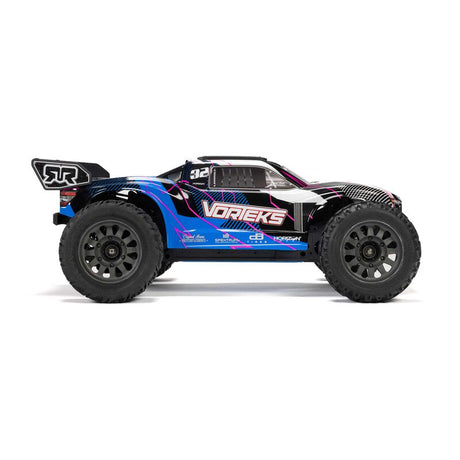 ARRMA 1/10 VORTEKS 2WD brushed stadium truck in blue, featuring a durable chassis and off-road tires ready for racing.